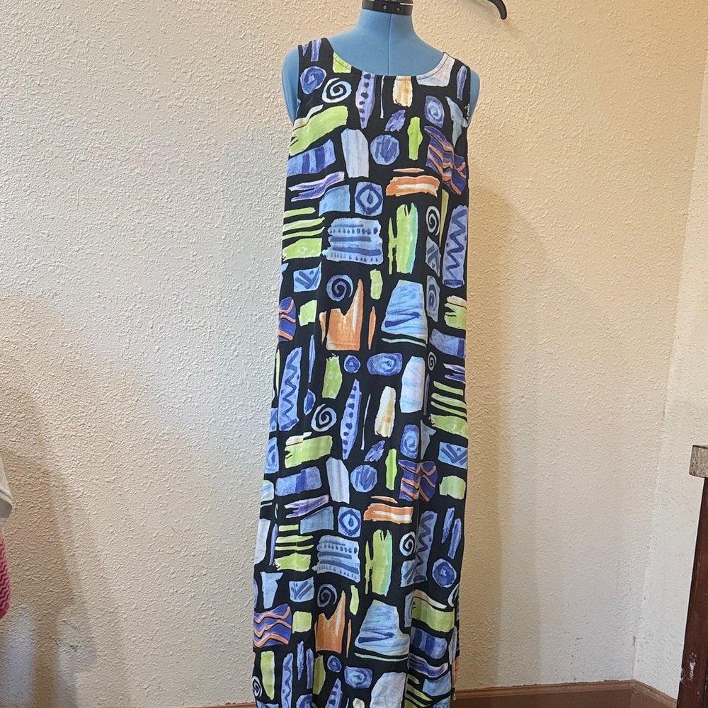 Nina Piccalino Black Maxi Dress with Blue, Green & Orange Abstract Print
